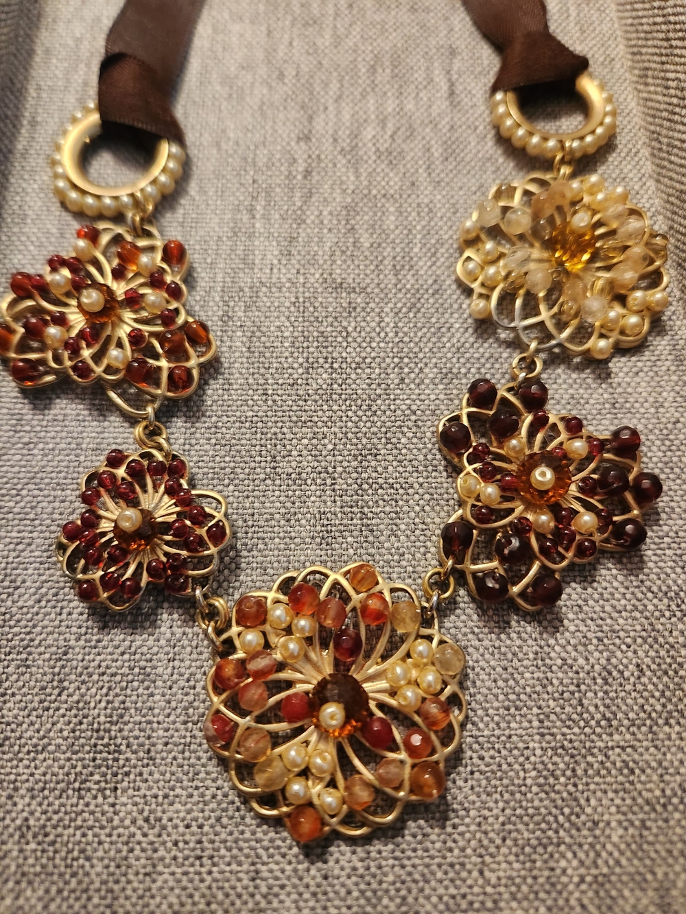 Floral Statement Necklace w/ Amber & Pearl Accents- Coldwater Creek